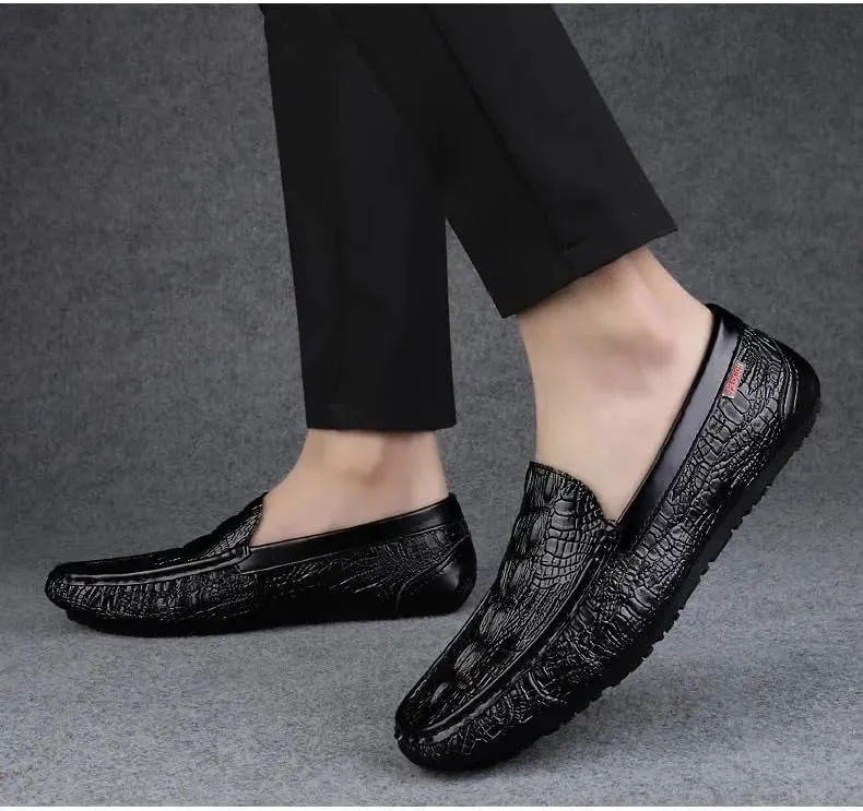 Mens Loafers Slip On Crocodile Embossed Leather Round Toe Anti Slip Sole Comfortable Lightweight Resistant Outdoor Walking Shoes