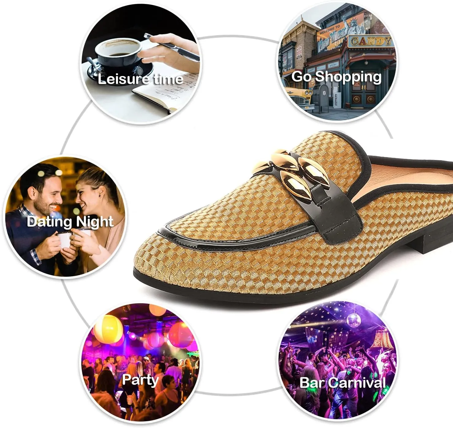 Men's Slip-on Mule Sandals Loafer with Gold Buckle,Fashion Leather Formal Wear Casual Backless Dress Slippers