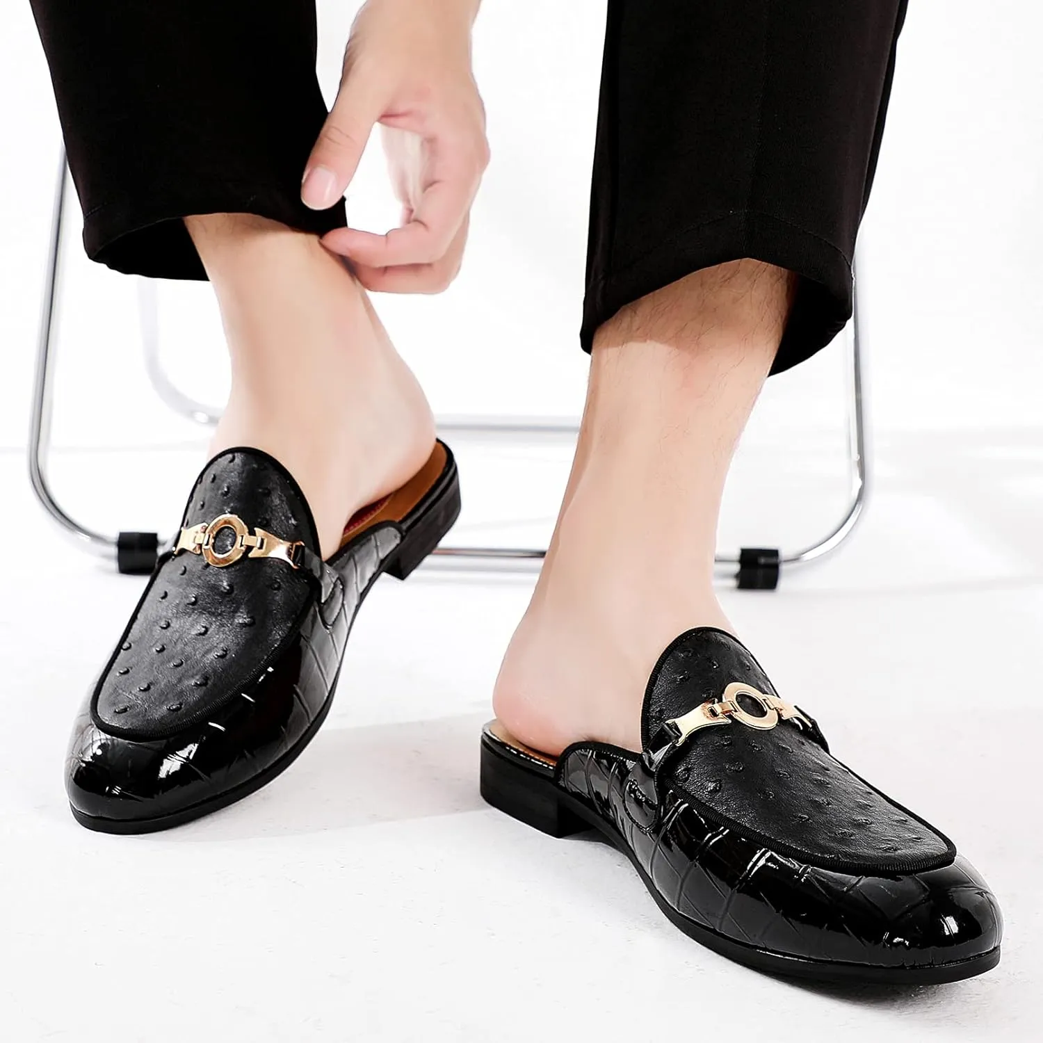 Men's Slip-on Mule Sandals Loafer with Gold Buckle,Fashion Leather Formal Wear Casual Backless Dress Slippers