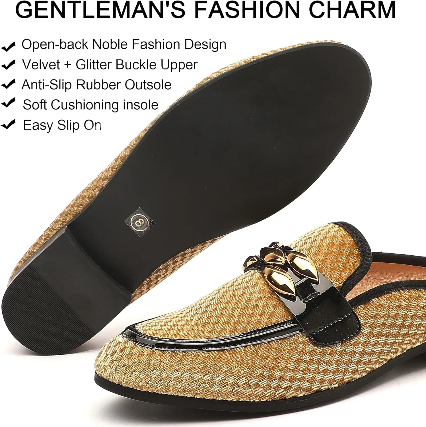 Men's Slip-on Mule Sandals Loafer with Gold Buckle,Fashion Leather Formal Wear Casual Backless Dress Slippers