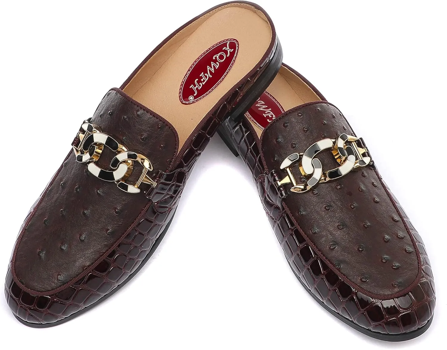 Men's Slip-on Mule Sandals Loafer with Gold Buckle,Fashion Leather Formal Wear Casual Backless Dress Slippers