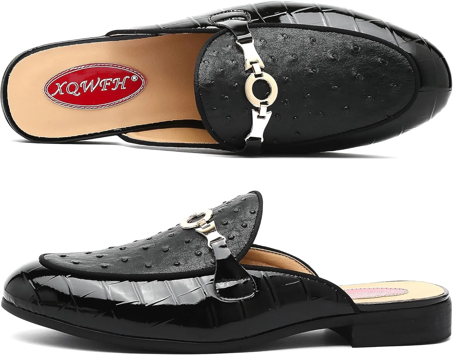 Men's Slip-on Mule Sandals Loafer with Gold Buckle,Fashion Leather Formal Wear Casual Backless Dress Slippers