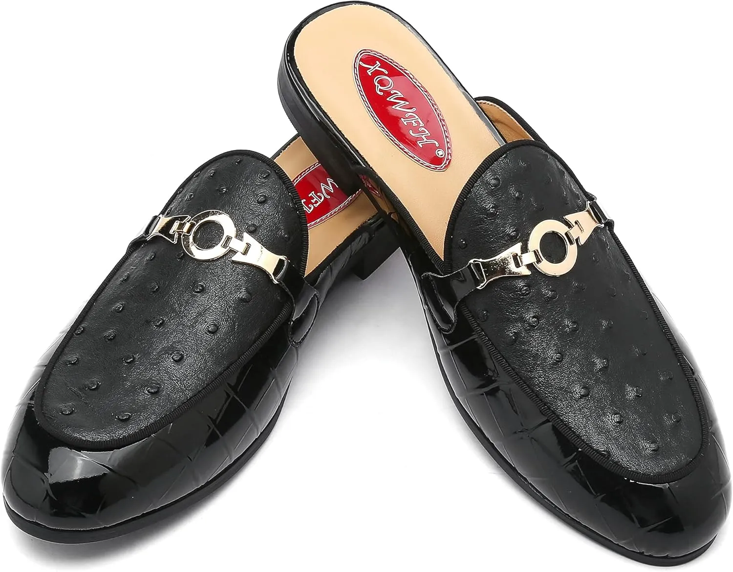 Men's Slip-on Mule Sandals Loafer with Gold Buckle,Fashion Leather Formal Wear Casual Backless Dress Slippers