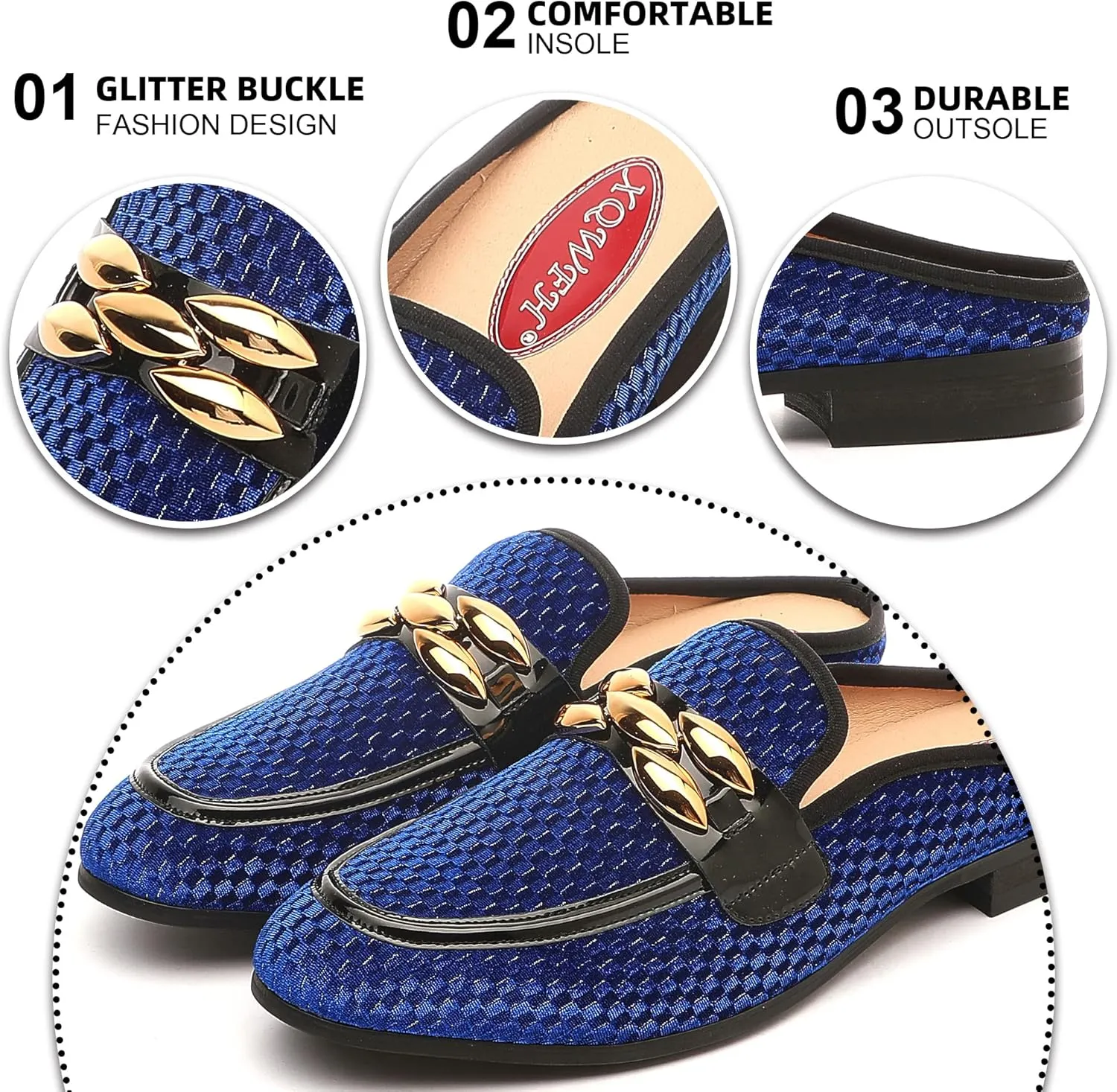 Men's Slip-on Mule Sandals Loafer with Gold Buckle,Fashion Leather Formal Wear Casual Backless Dress Slippers
