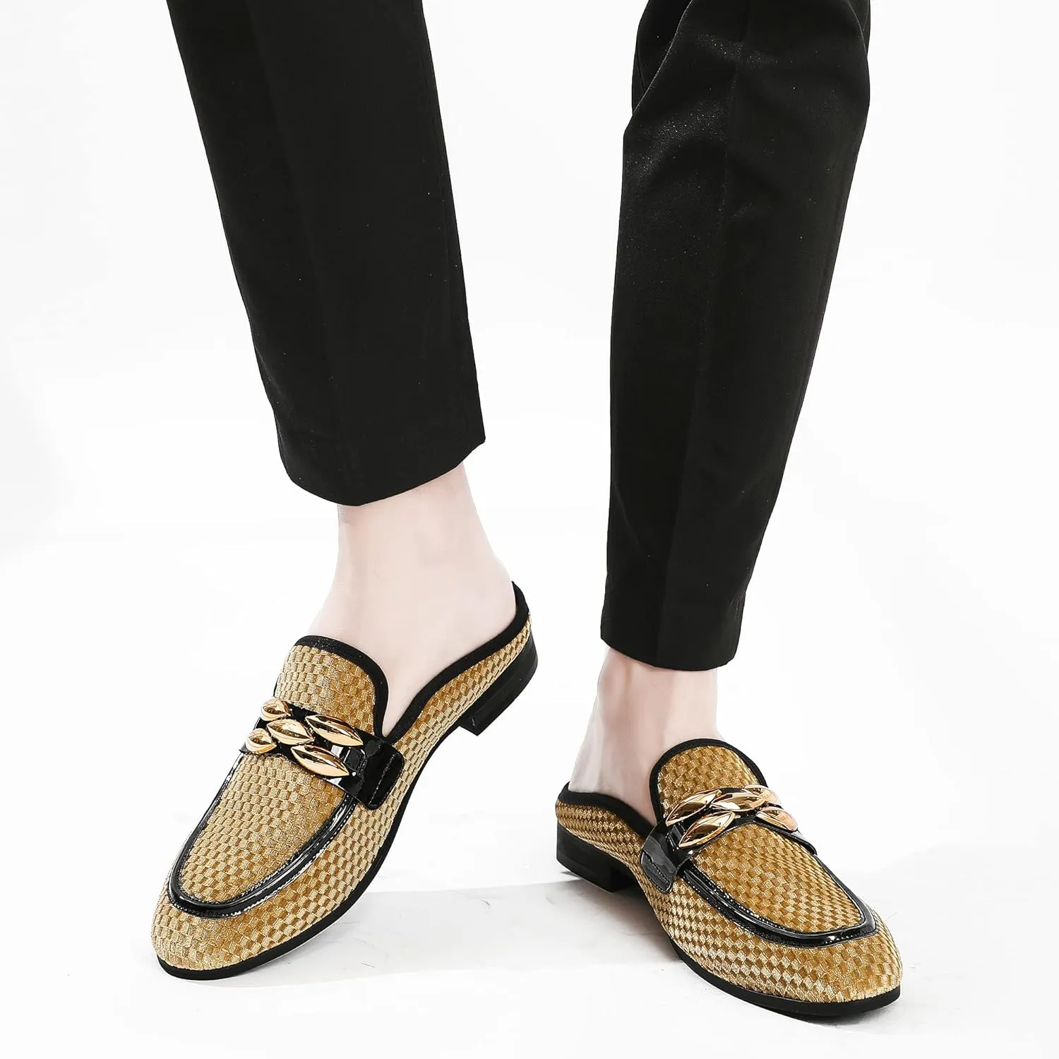 Men's Slip-on Mule Sandals Loafer with Gold Buckle,Fashion Leather Formal Wear Casual Backless Dress Slippers