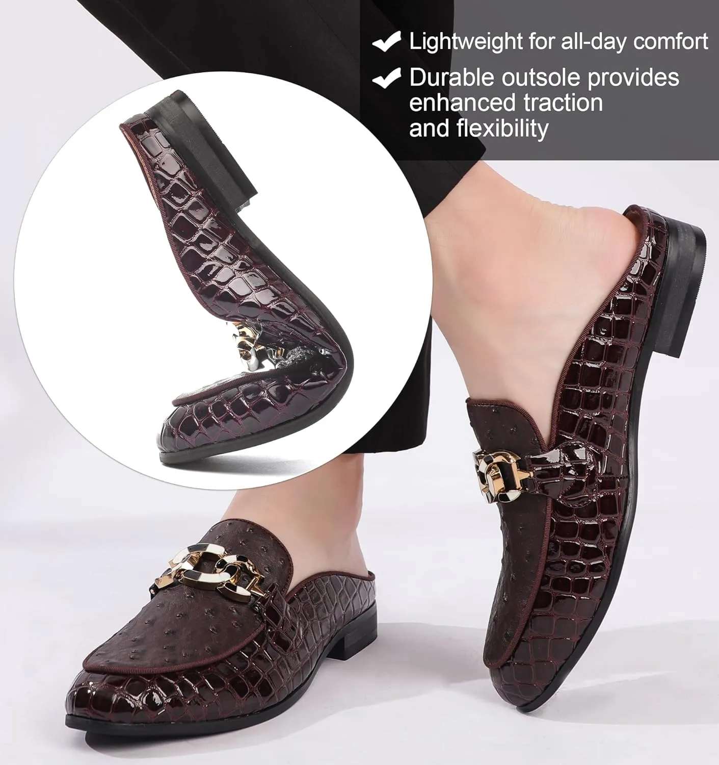 Men's Slip-on Mule Sandals Loafer with Gold Buckle,Fashion Leather Formal Wear Casual Backless Dress Slippers