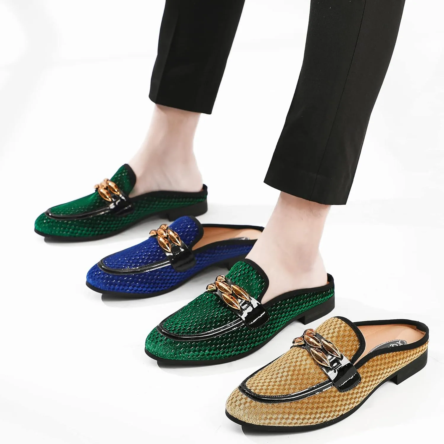 Men's Slip-on Mule Sandals Loafer with Gold Buckle,Fashion Leather Formal Wear Casual Backless Dress Slippers