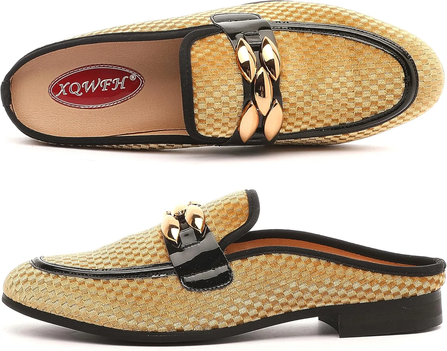 Men's Slip-on Mule Sandals Loafer with Gold Buckle,Fashion Leather Formal Wear Casual Backless Dress Slippers