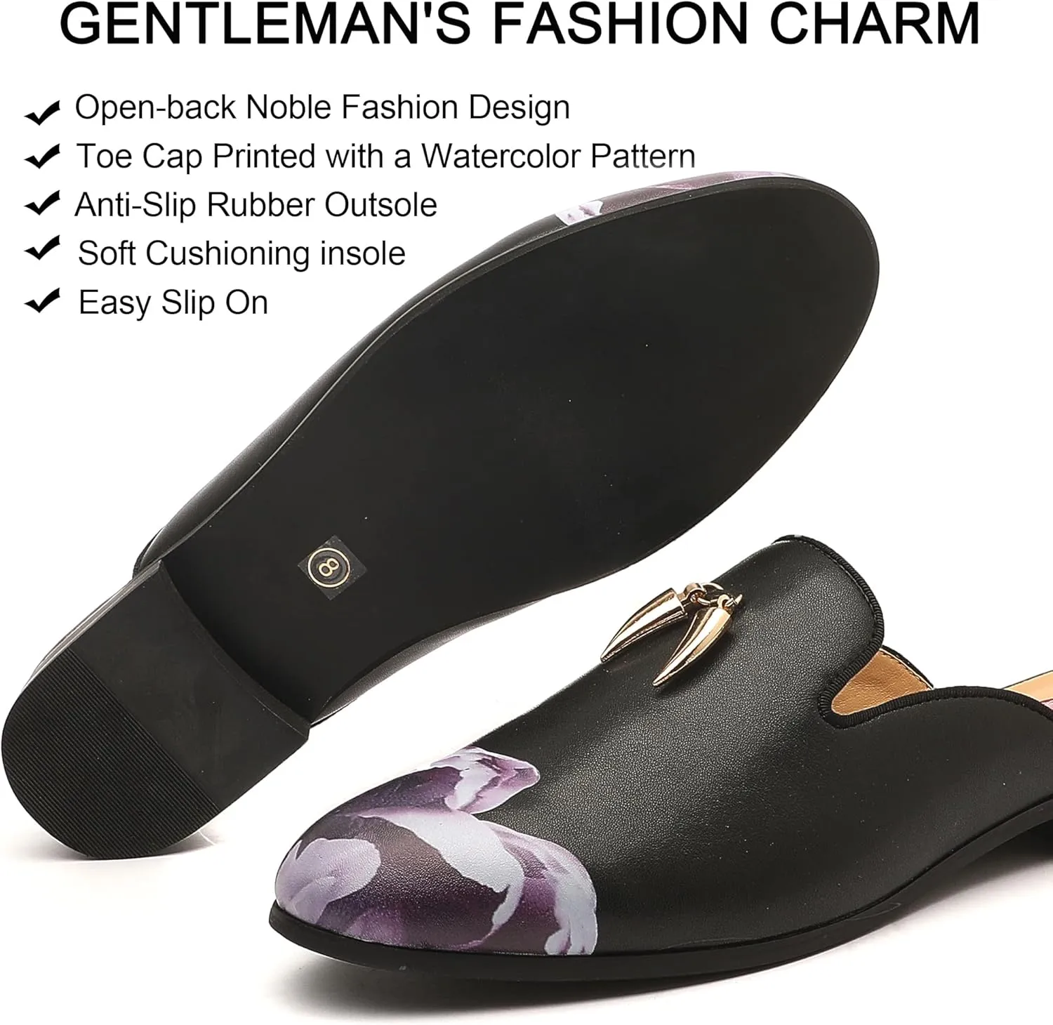 Men's Slip-on Mule Sandals Loafer with Gold Buckle,Fashion Leather Formal Wear Casual Backless Dress Slippers