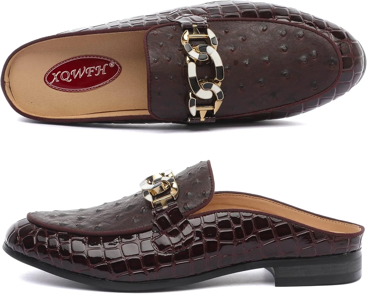Men's Slip-on Mule Sandals Loafer with Gold Buckle,Fashion Leather Formal Wear Casual Backless Dress Slippers