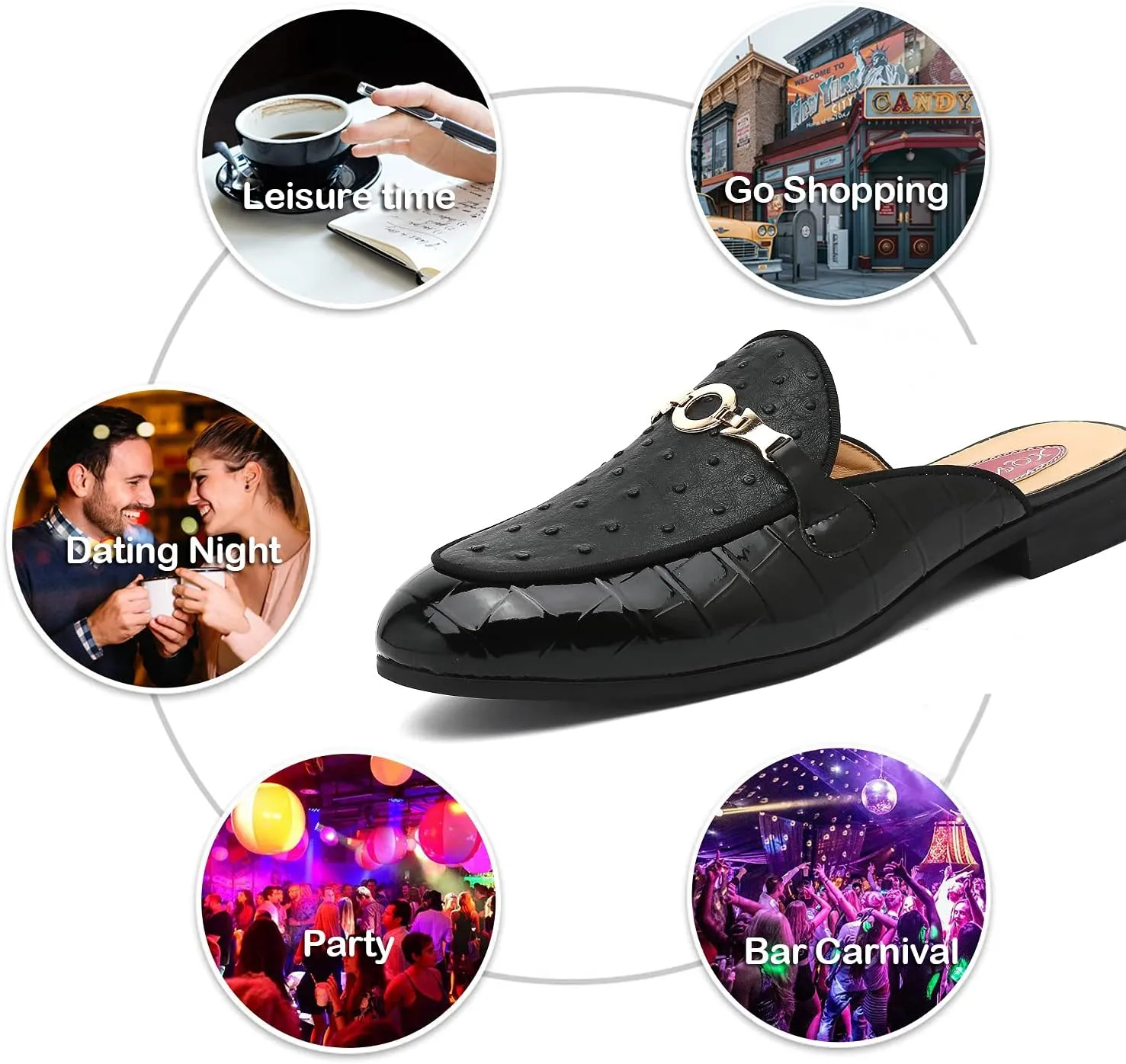 Men's Slip-on Mule Sandals Loafer with Gold Buckle,Fashion Leather Formal Wear Casual Backless Dress Slippers