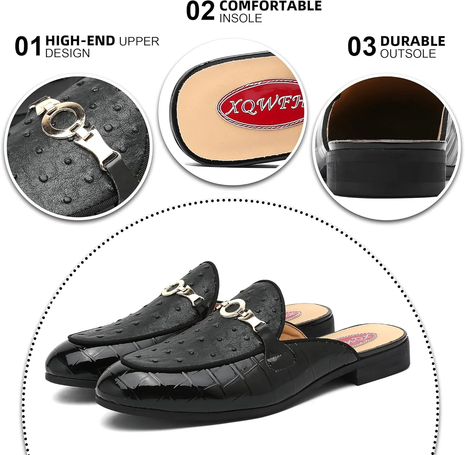 Men's Slip-on Mule Sandals Loafer with Gold Buckle,Fashion Leather Formal Wear Casual Backless Dress Slippers