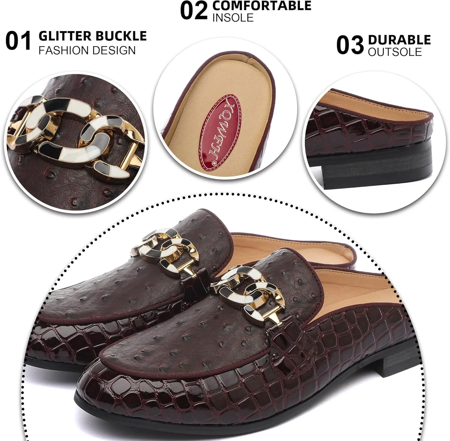 Men's Slip-on Mule Sandals Loafer with Gold Buckle,Fashion Leather Formal Wear Casual Backless Dress Slippers