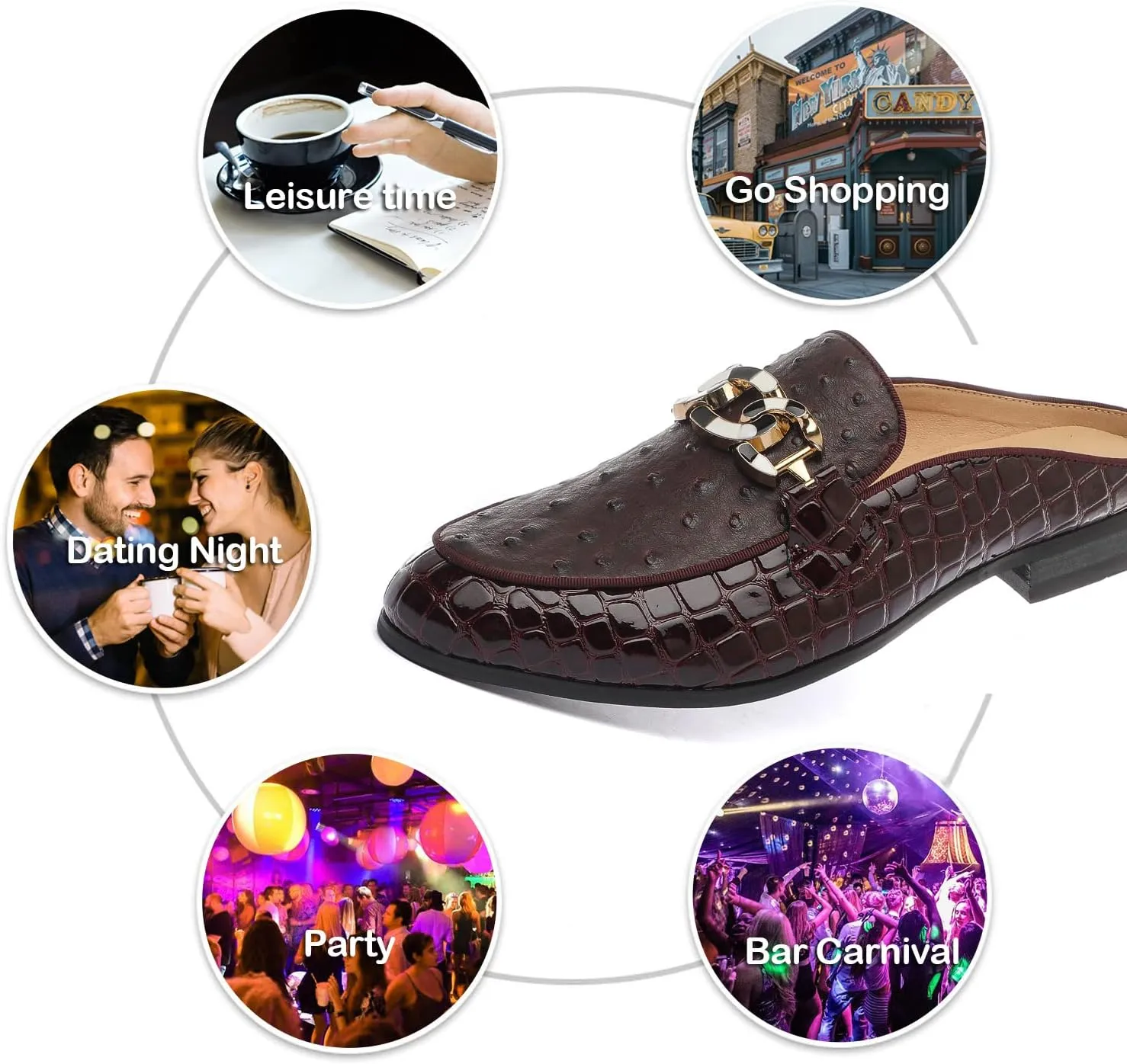 Men's Slip-on Mule Sandals Loafer with Gold Buckle,Fashion Leather Formal Wear Casual Backless Dress Slippers