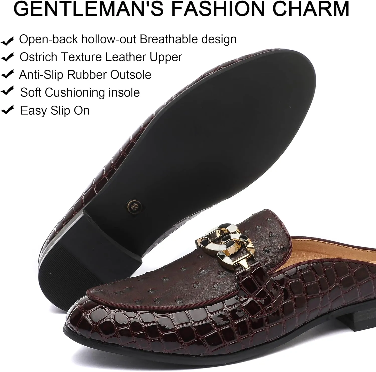 Men's Slip-on Mule Sandals Loafer with Gold Buckle,Fashion Leather Formal Wear Casual Backless Dress Slippers