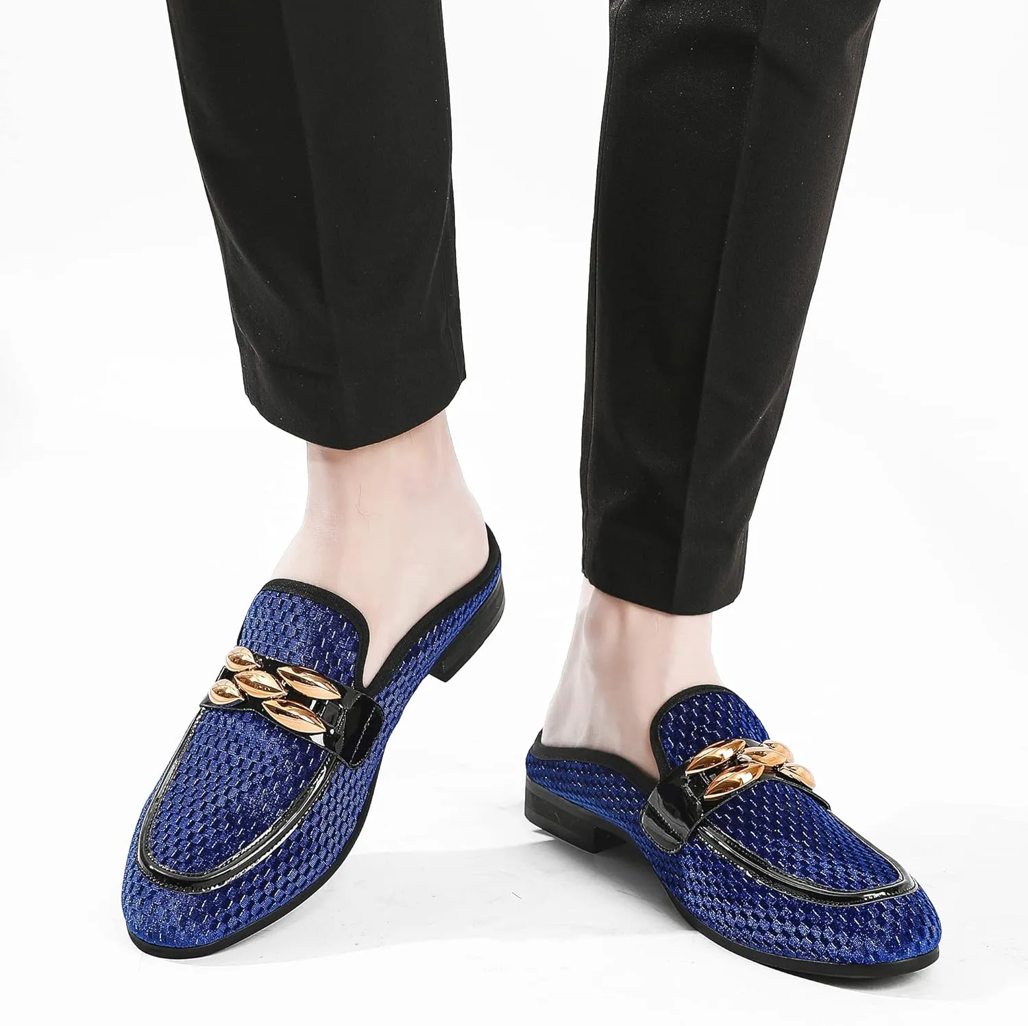 Men's Slip-on Mule Sandals Loafer with Gold Buckle,Fashion Leather Formal Wear Casual Backless Dress Slippers