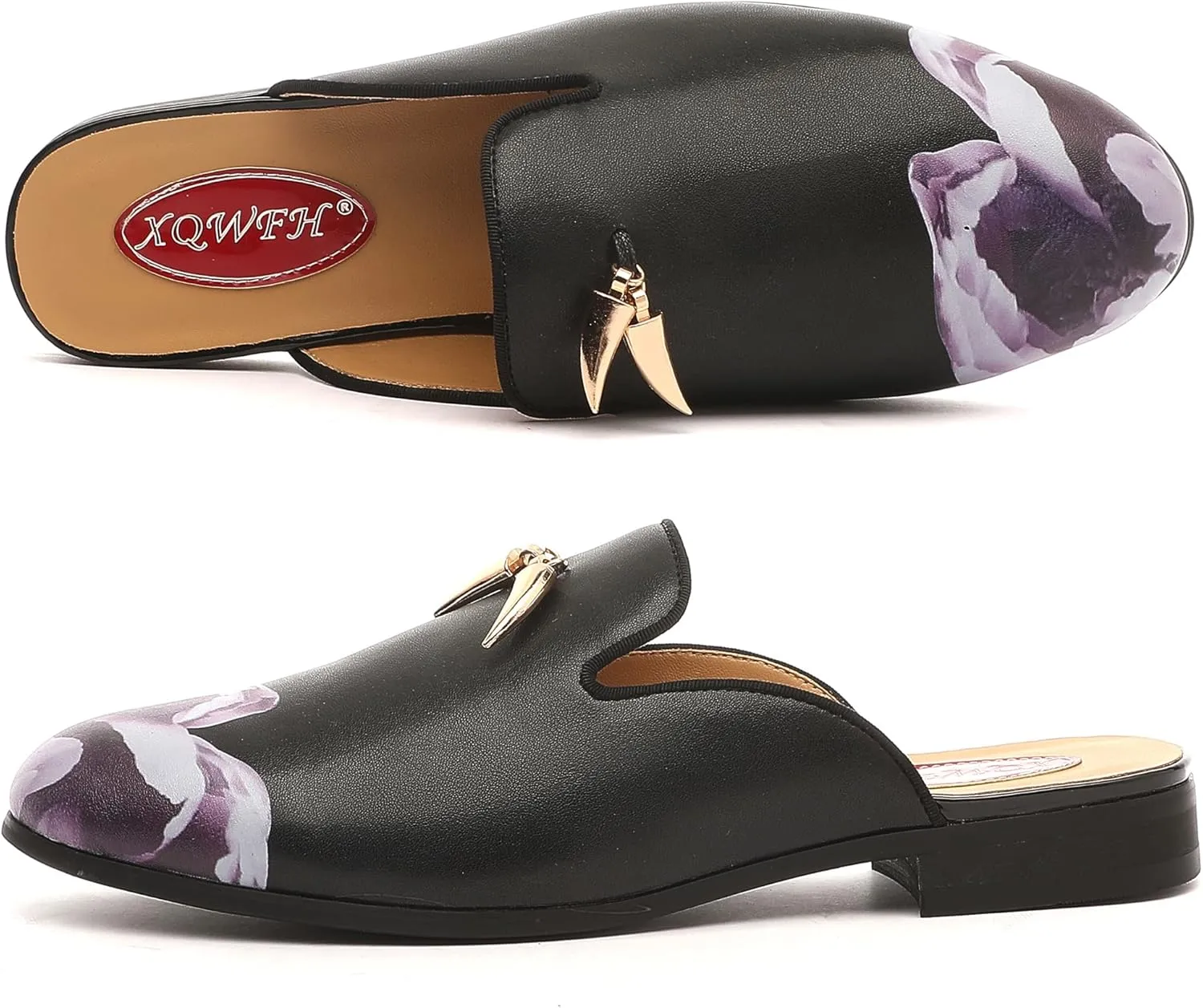 Men's Slip-on Mule Sandals Loafer with Gold Buckle,Fashion Leather Formal Wear Casual Backless Dress Slippers
