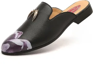 Men's Slip-on Mule Sandals Loafer with Gold Buckle,Fashion Leather Formal Wear Casual Backless Dress Slippers
