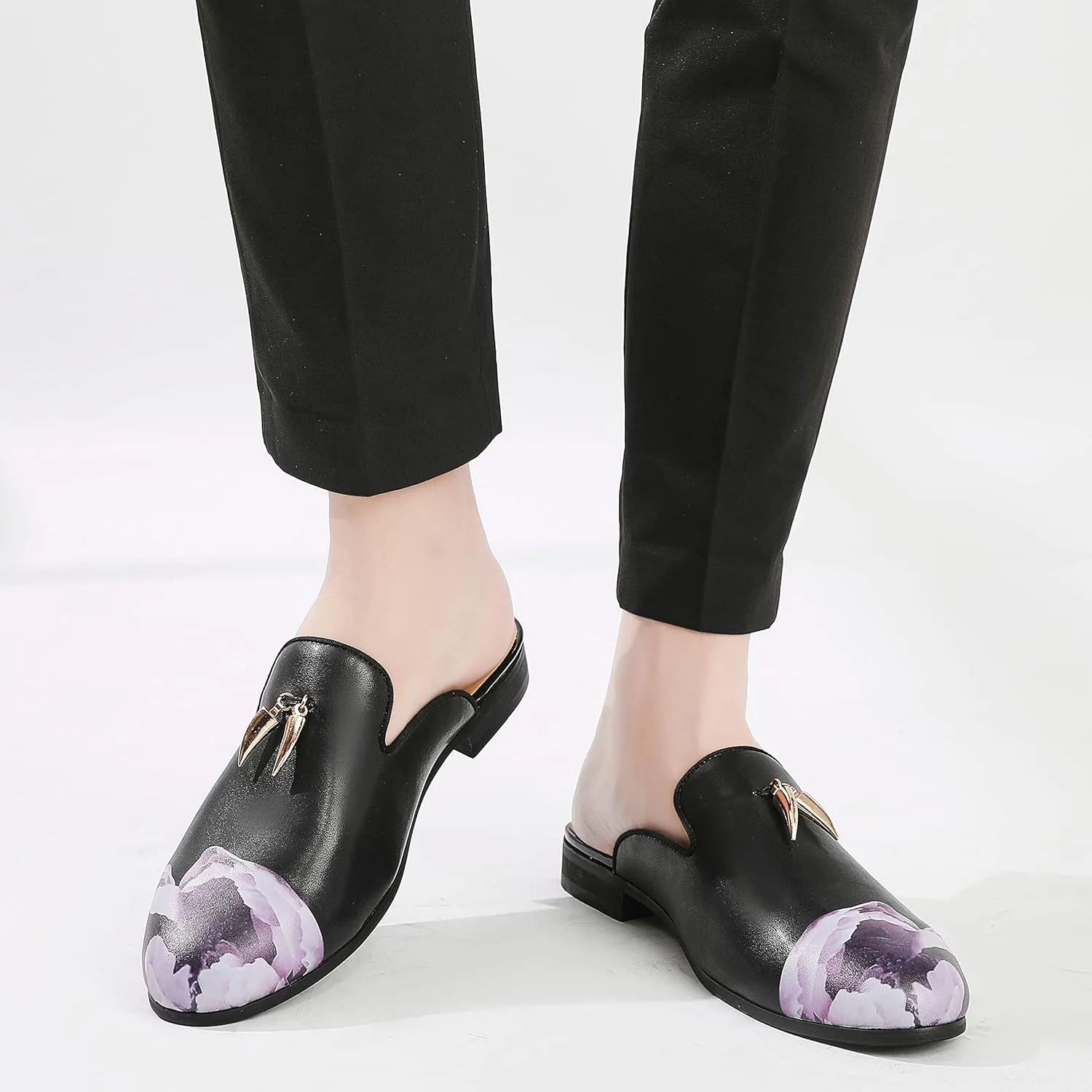Men's Slip-on Mule Sandals Loafer with Gold Buckle,Fashion Leather Formal Wear Casual Backless Dress Slippers