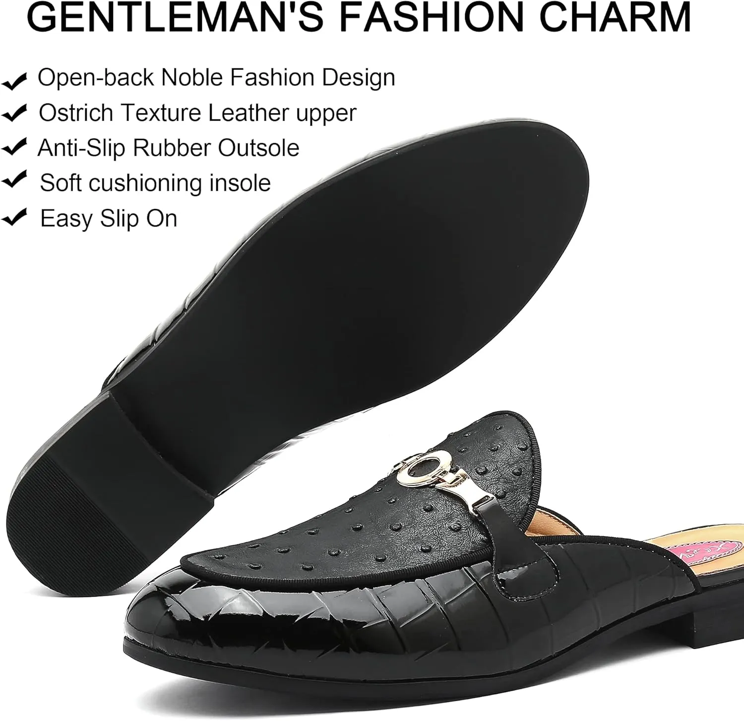 Men's Slip-on Mule Sandals Loafer with Gold Buckle,Fashion Leather Formal Wear Casual Backless Dress Slippers