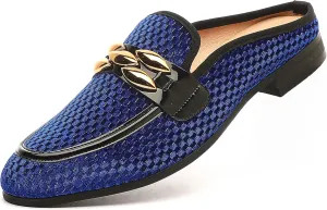 Men's Slip-on Mule Sandals Loafer with Gold Buckle,Fashion Leather Formal Wear Casual Backless Dress Slippers