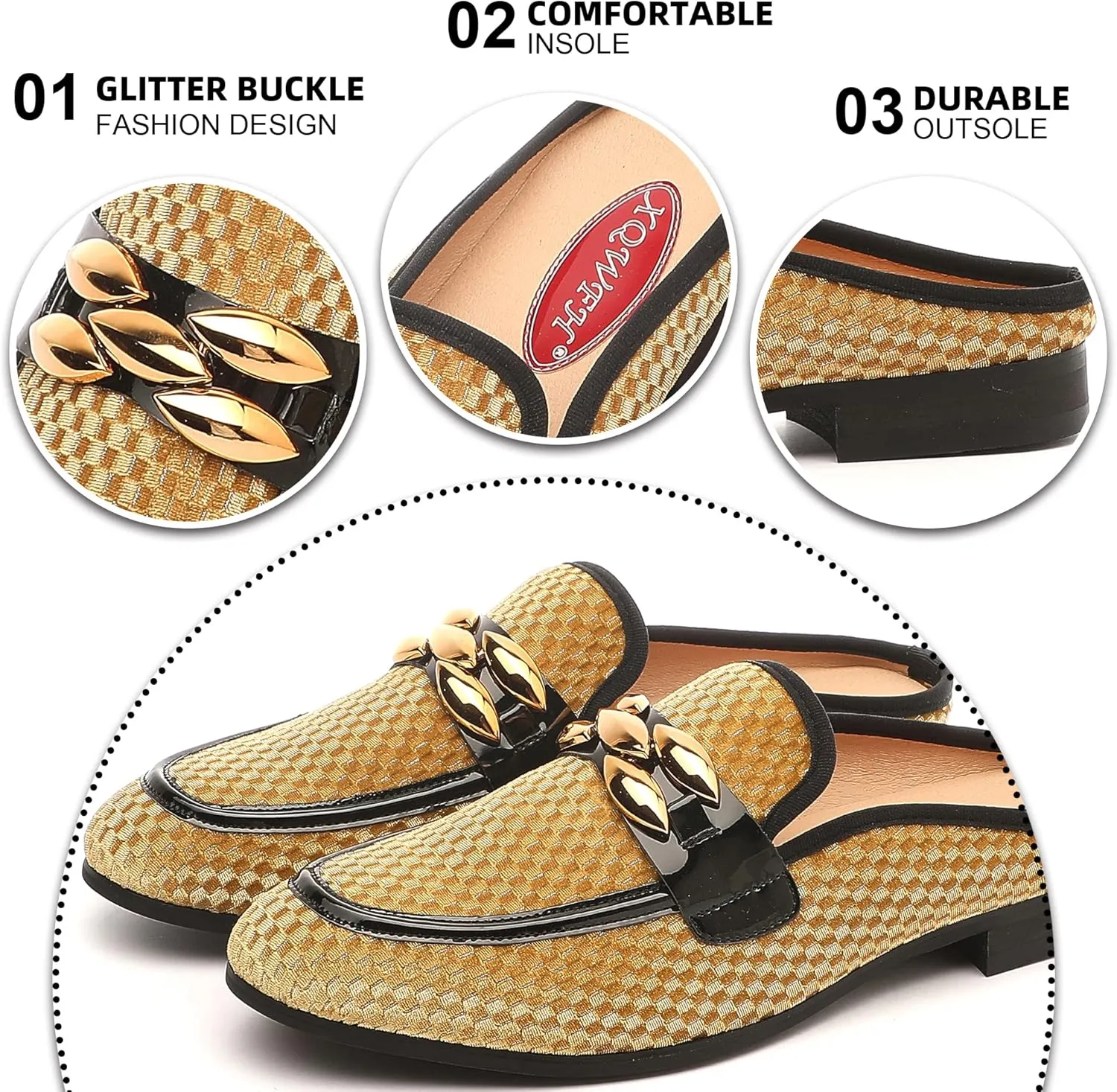 Men's Slip-on Mule Sandals Loafer with Gold Buckle,Fashion Leather Formal Wear Casual Backless Dress Slippers