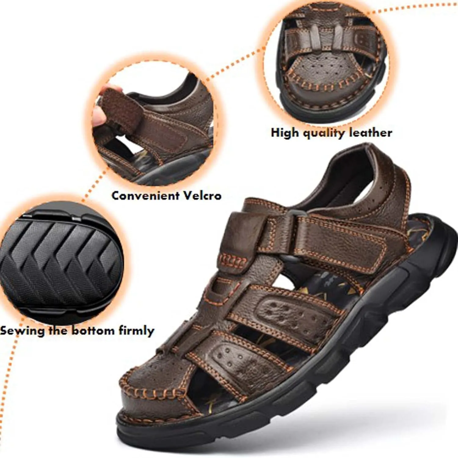 Men's Sport Sandals Closed Toe Outdoor Handmade Leather Sandal Adjustable Summer Fisherman Beach Shoes