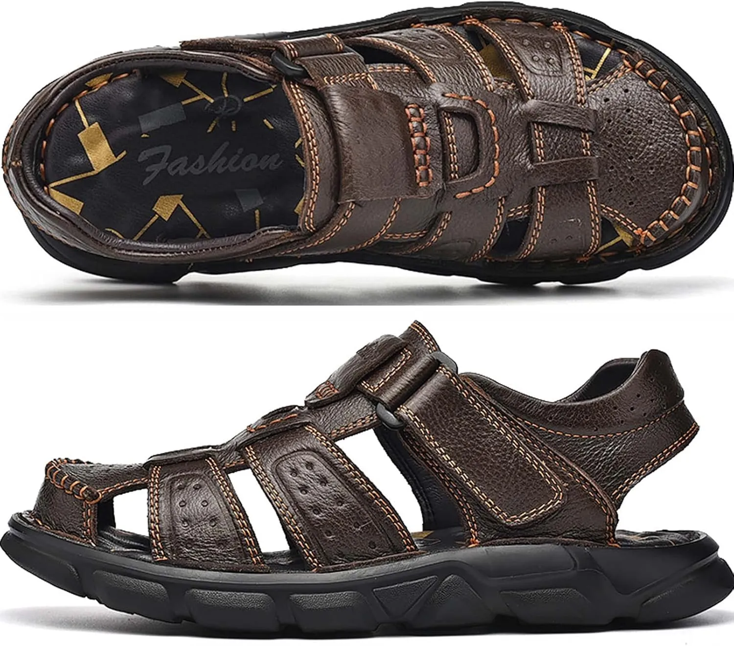 Men's Sport Sandals Closed Toe Outdoor Handmade Leather Sandal Adjustable Summer Fisherman Beach Shoes