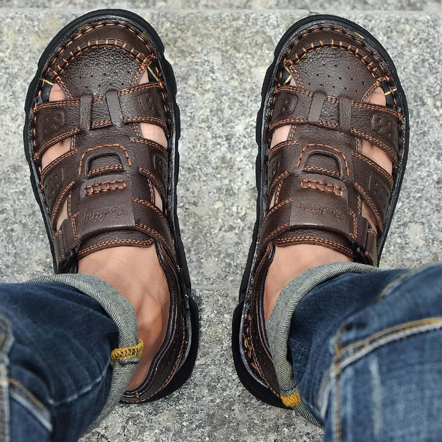 Men's Sport Sandals Closed Toe Outdoor Handmade Leather Sandal Adjustable Summer Fisherman Beach Shoes