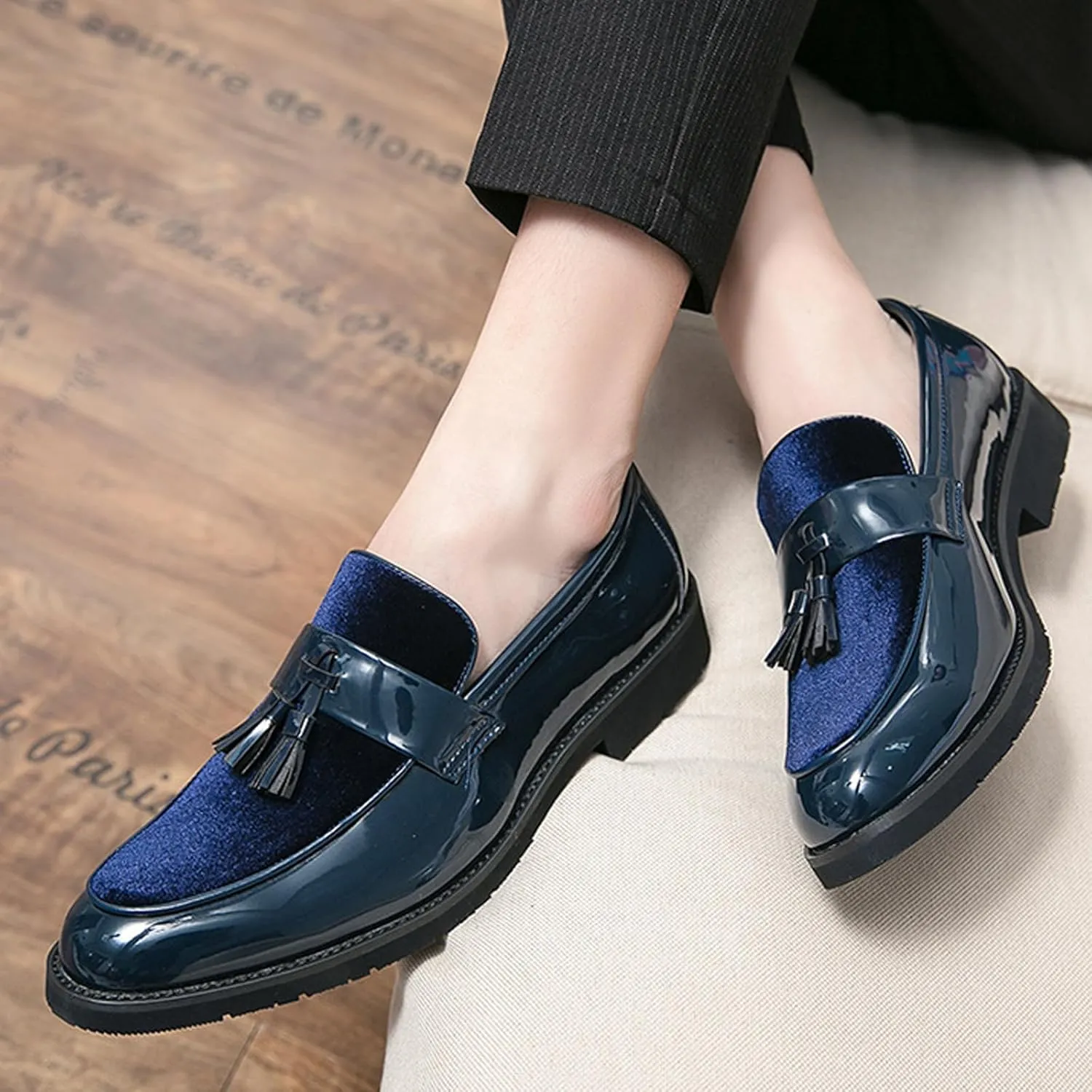 Men's Suede Chunky Heel Penny Loafers Classic Tassel Non-Slip Slip-On Business Wedding Formal Shoes Work Party Luxury Shoes