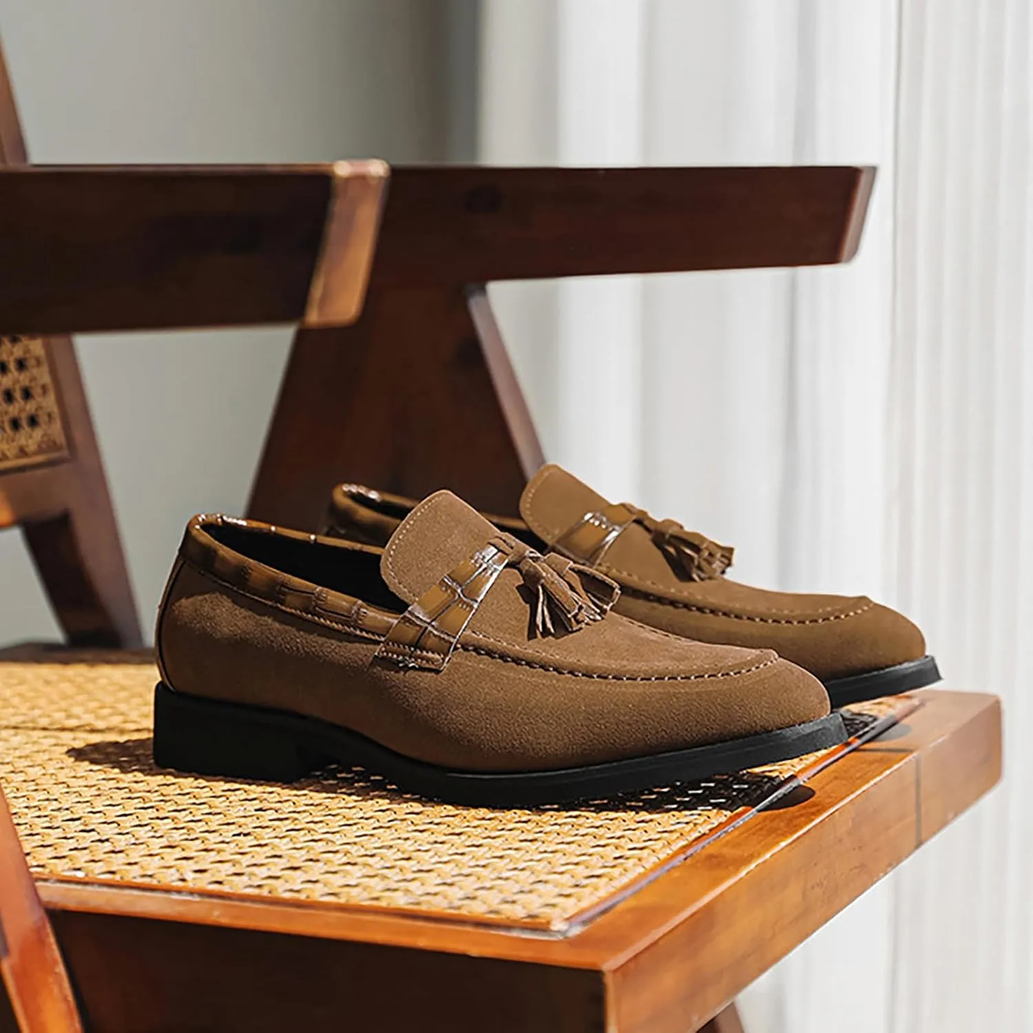 Men's Suede Tassel Low Block Heel Penny Loafers Slip On Classic Luxury Round Toe Non-Slip Dress Shoes Casua Business Work Office Shoes