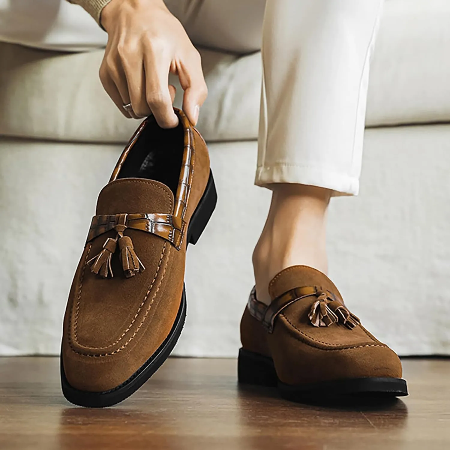 Men's Suede Tassel Low Block Heel Penny Loafers Slip On Classic Luxury Round Toe Non-Slip Dress Shoes Casua Business Work Office Shoes