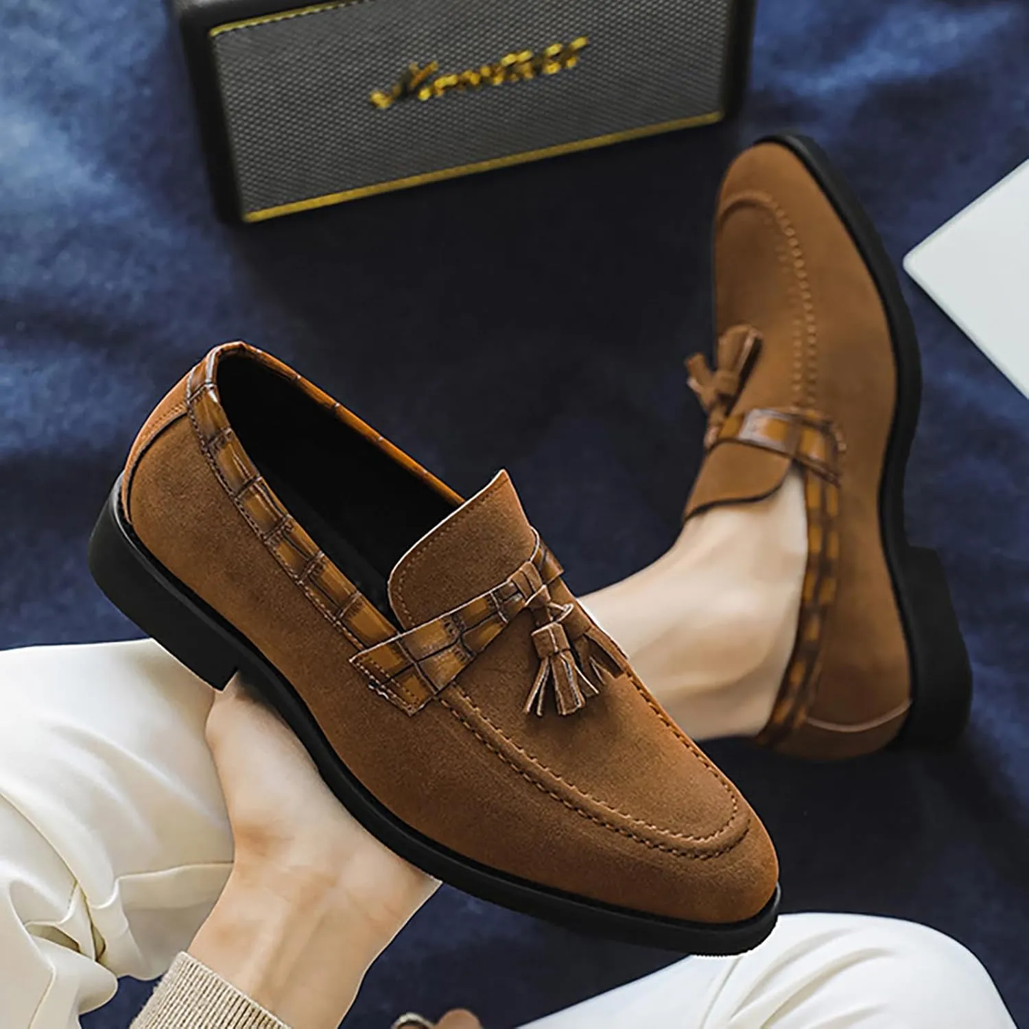 Men's Suede Tassel Low Block Heel Penny Loafers Slip On Classic Luxury Round Toe Non-Slip Dress Shoes Casua Business Work Office Shoes