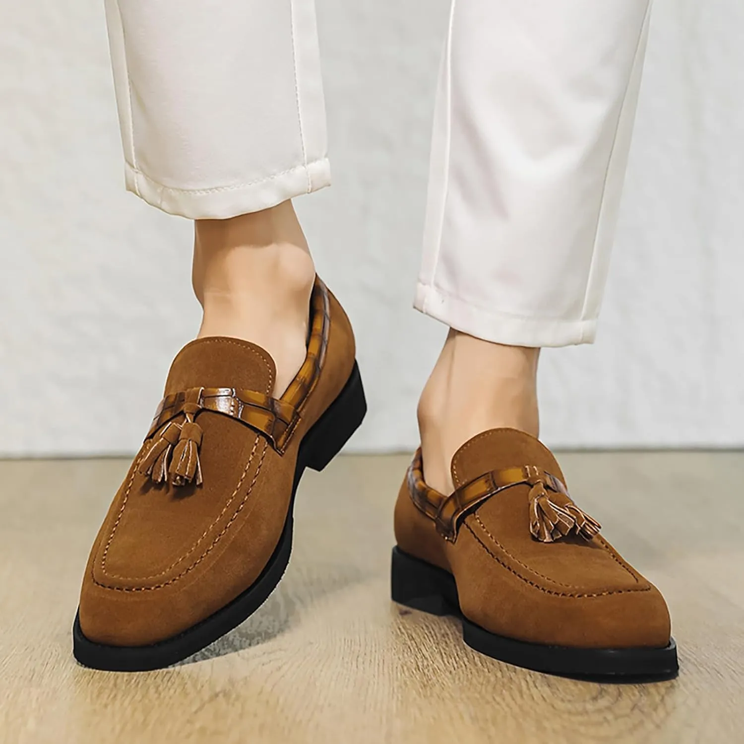 Men's Suede Tassel Low Block Heel Penny Loafers Slip On Classic Luxury Round Toe Non-Slip Dress Shoes Casua Business Work Office Shoes