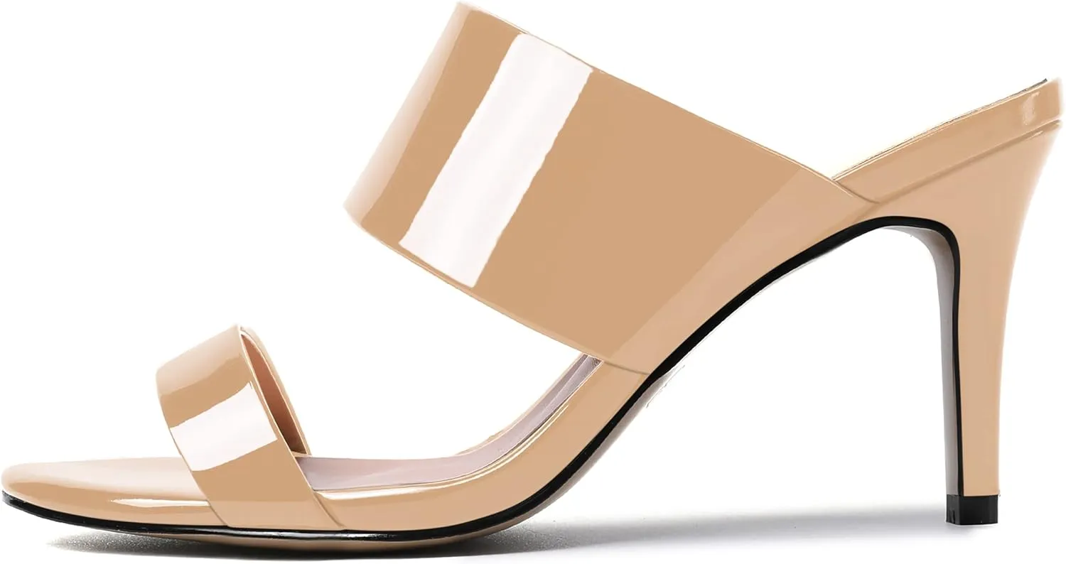 MERRORI Women's Slip On Sexy Party Open Toe Heeled Mule Patent Stiletto High Heel Heeled Sandals 3.3 Inch