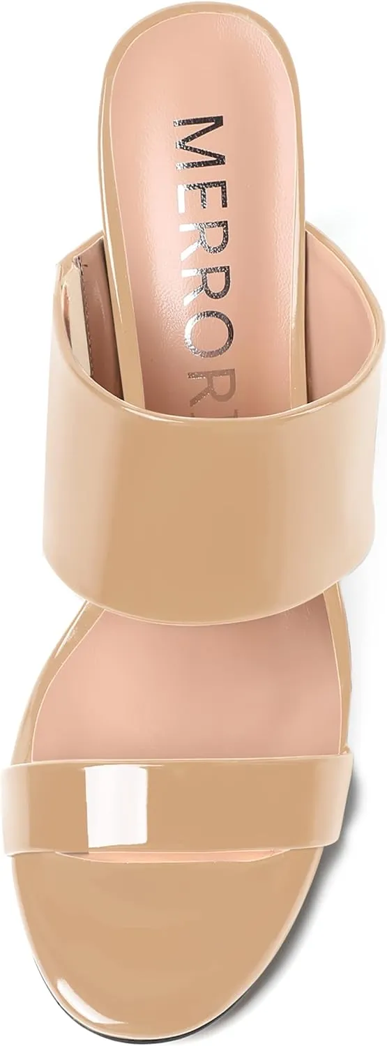 MERRORI Women's Slip On Sexy Party Open Toe Heeled Mule Patent Stiletto High Heel Heeled Sandals 3.3 Inch