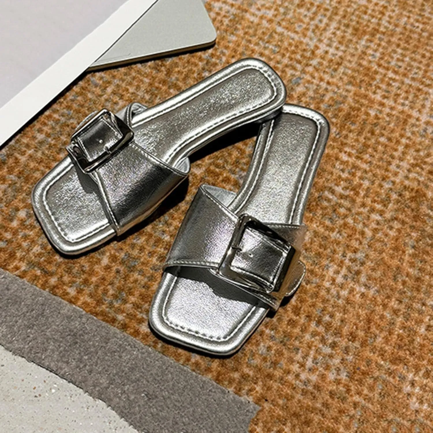Metal Buckle Slides for Women Summer Dressy Slip-on Flat Sandals Square Toe Slippers Comfortable Slide Sandal