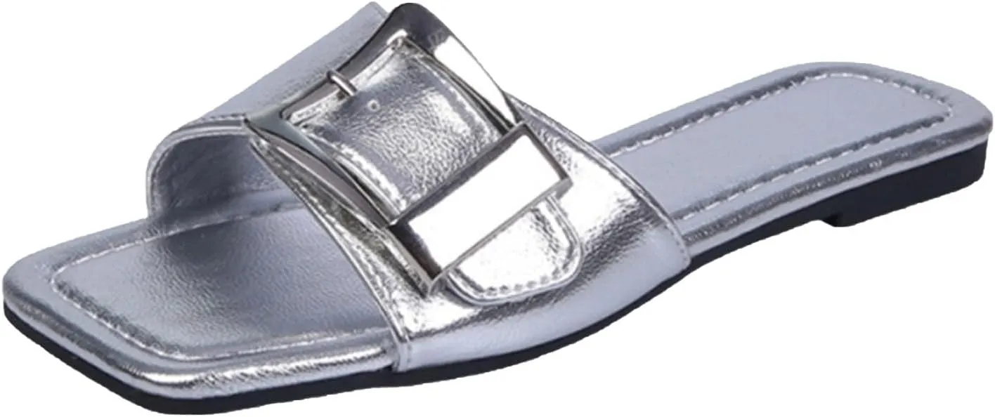 Metal Buckle Slides for Women Summer Dressy Slip-on Flat Sandals Square Toe Slippers Comfortable Slide Sandal