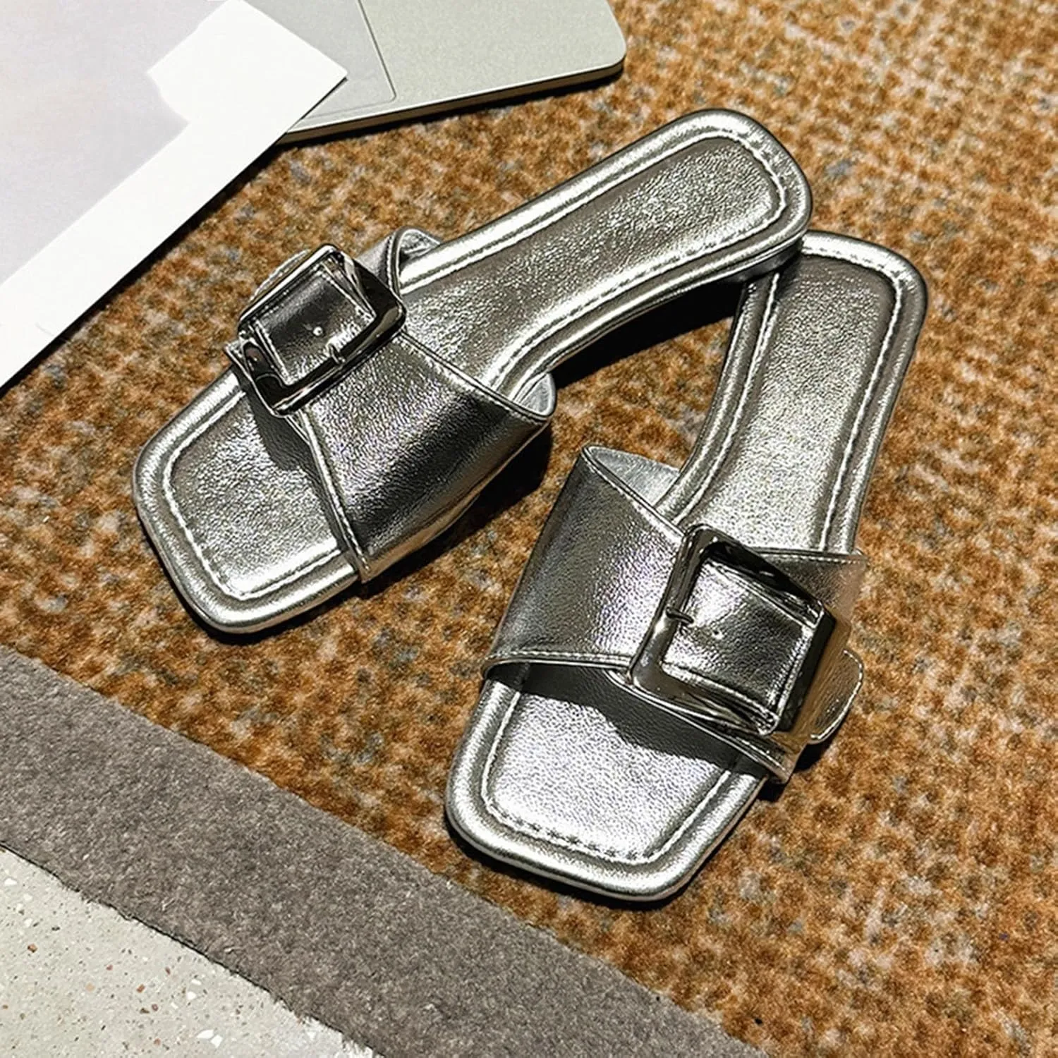Metal Buckle Slides for Women Summer Dressy Slip-on Flat Sandals Square Toe Slippers Comfortable Slide Sandal