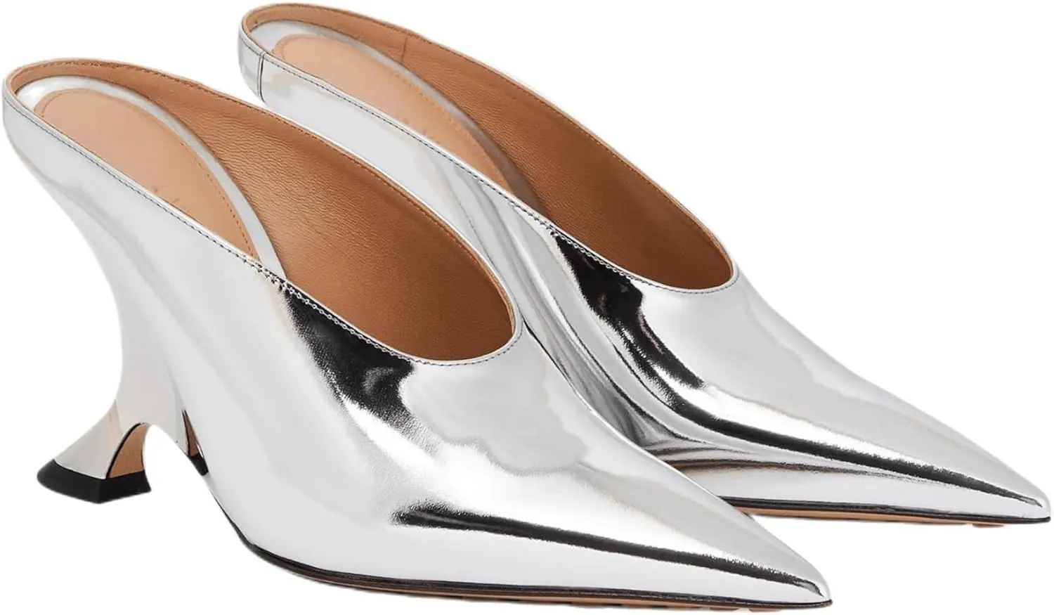 Metallic Leather Heeled Mules for Women Sexy Sandals Pointed Closed Toe Slip On Wedge Mule Dressy Pumps Heels