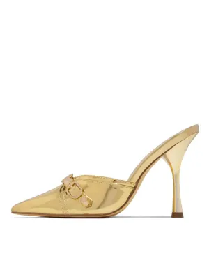 Metallic Mirror Buckle Pumps Backless Slip-On Pointy Heeled Mules