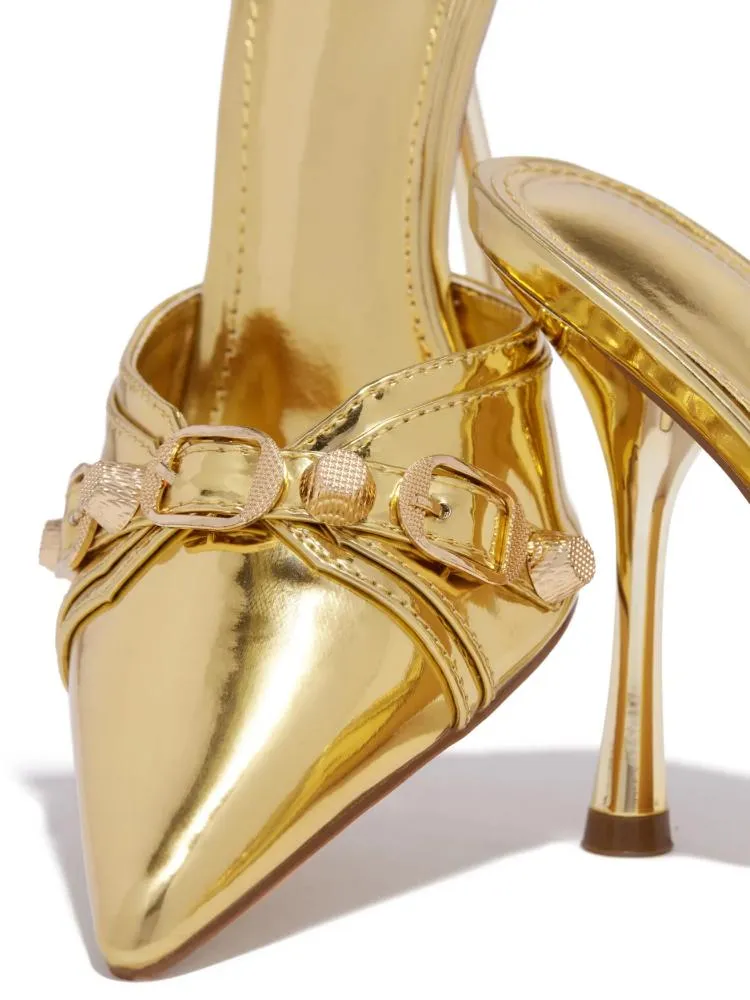 Metallic Mirror Buckle Pumps Backless Slip-On Pointy Heeled Mules
