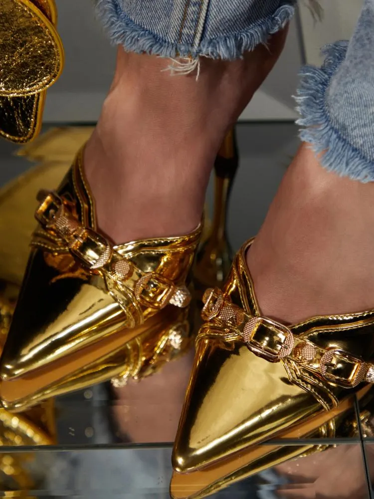 Metallic Mirror Buckle Pumps Backless Slip-On Pointy Heeled Mules