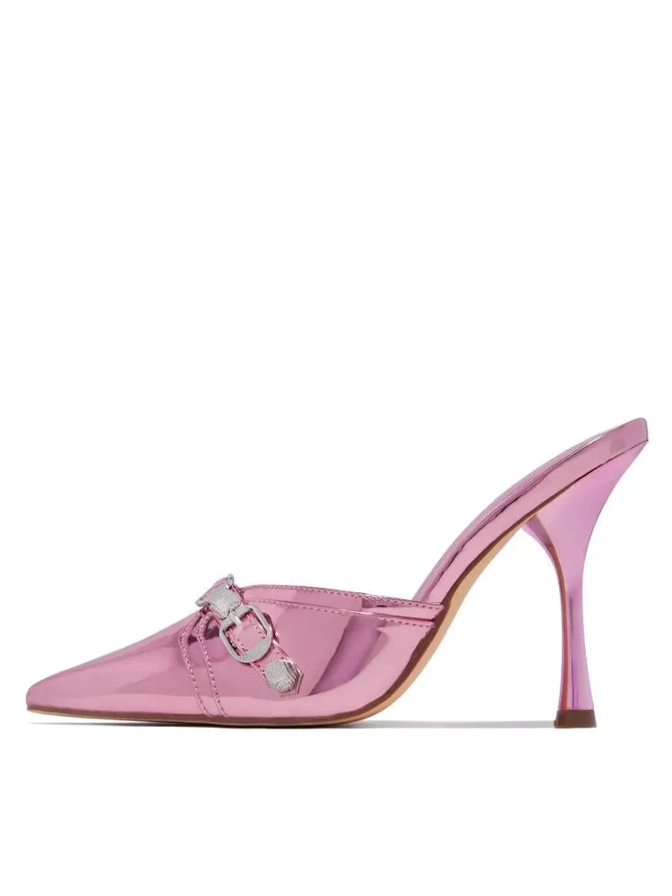 Metallic Mirror Buckle Pumps Backless Slip-On Pointy Heeled Mules