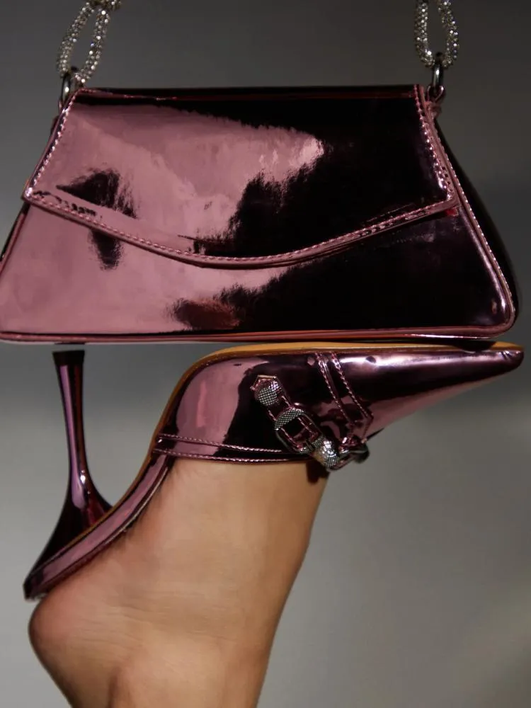 Metallic Mirror Buckle Pumps Backless Slip-On Pointy Heeled Mules