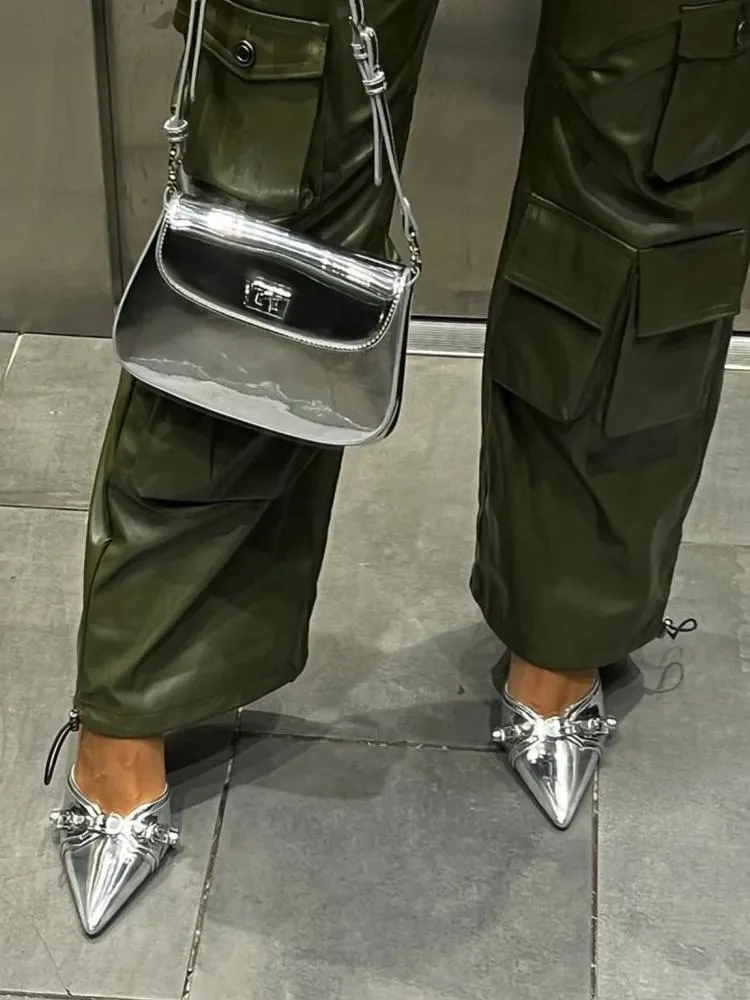 Metallic Mirror Buckle Pumps Backless Slip-On Pointy Heeled Mules