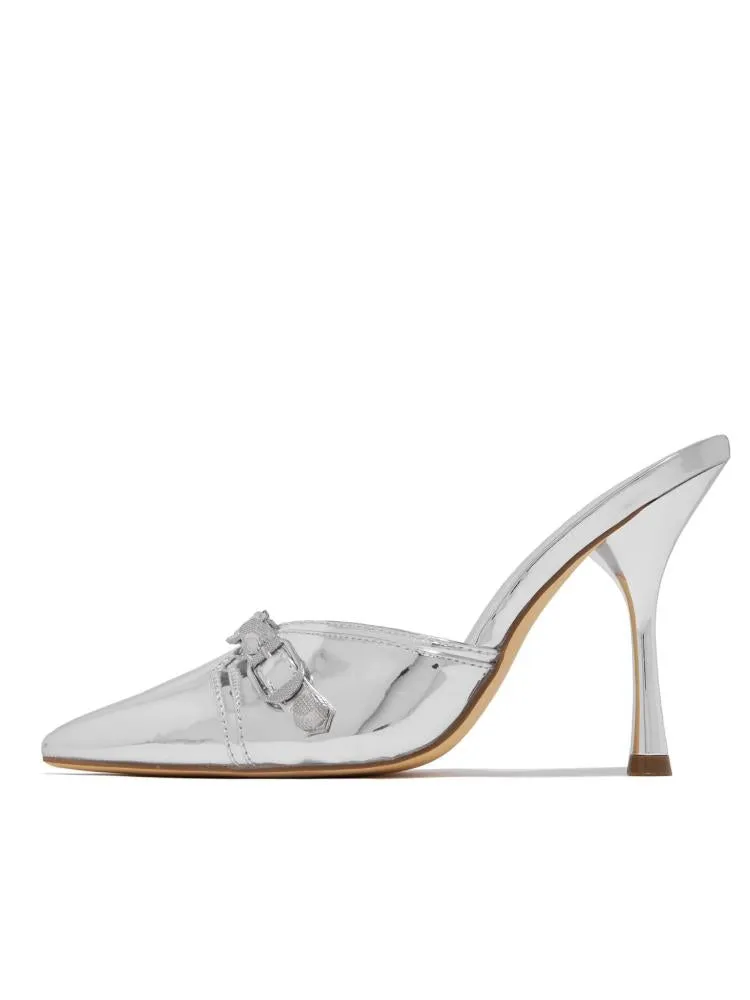 Metallic Mirror Buckle Pumps Backless Slip-On Pointy Heeled Mules