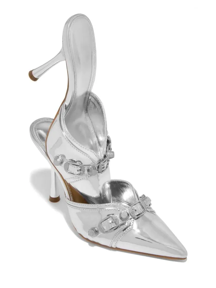 Metallic Mirror Buckle Pumps Backless Slip-On Pointy Heeled Mules