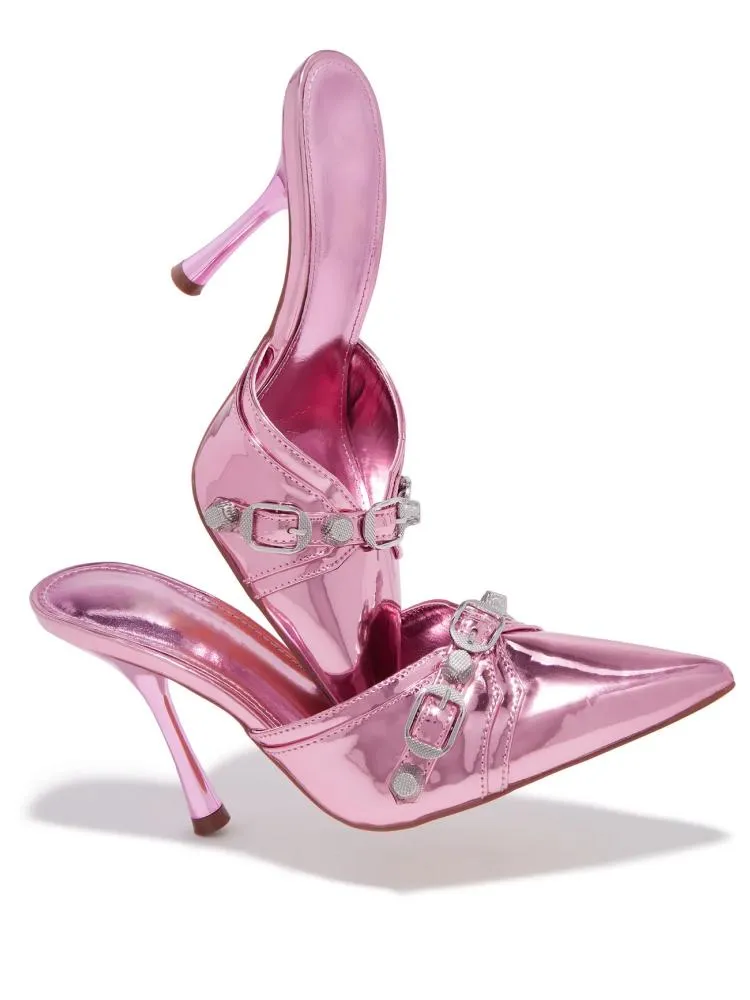 Metallic Mirror Buckle Pumps Backless Slip-On Pointy Heeled Mules