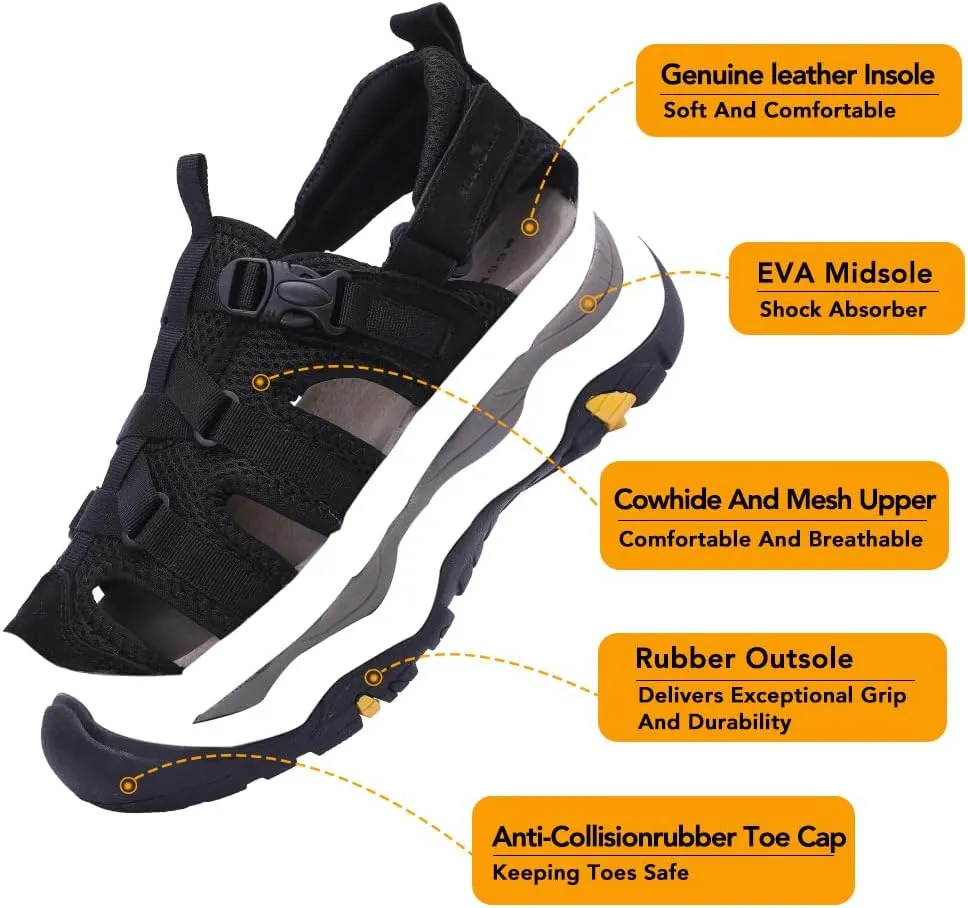 MGGMOKAY Men's Leather Closed Toe Sandals For Hiking Walking Water Beach Athletic Outdoor Fisherman Sandal